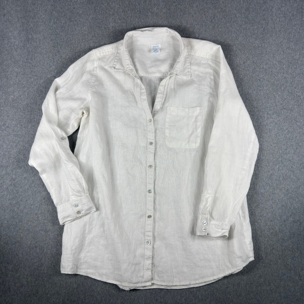 SOLD Sigrid Olsen Women's White Roll Tab Sleeve Button Front 100% Linen Top M